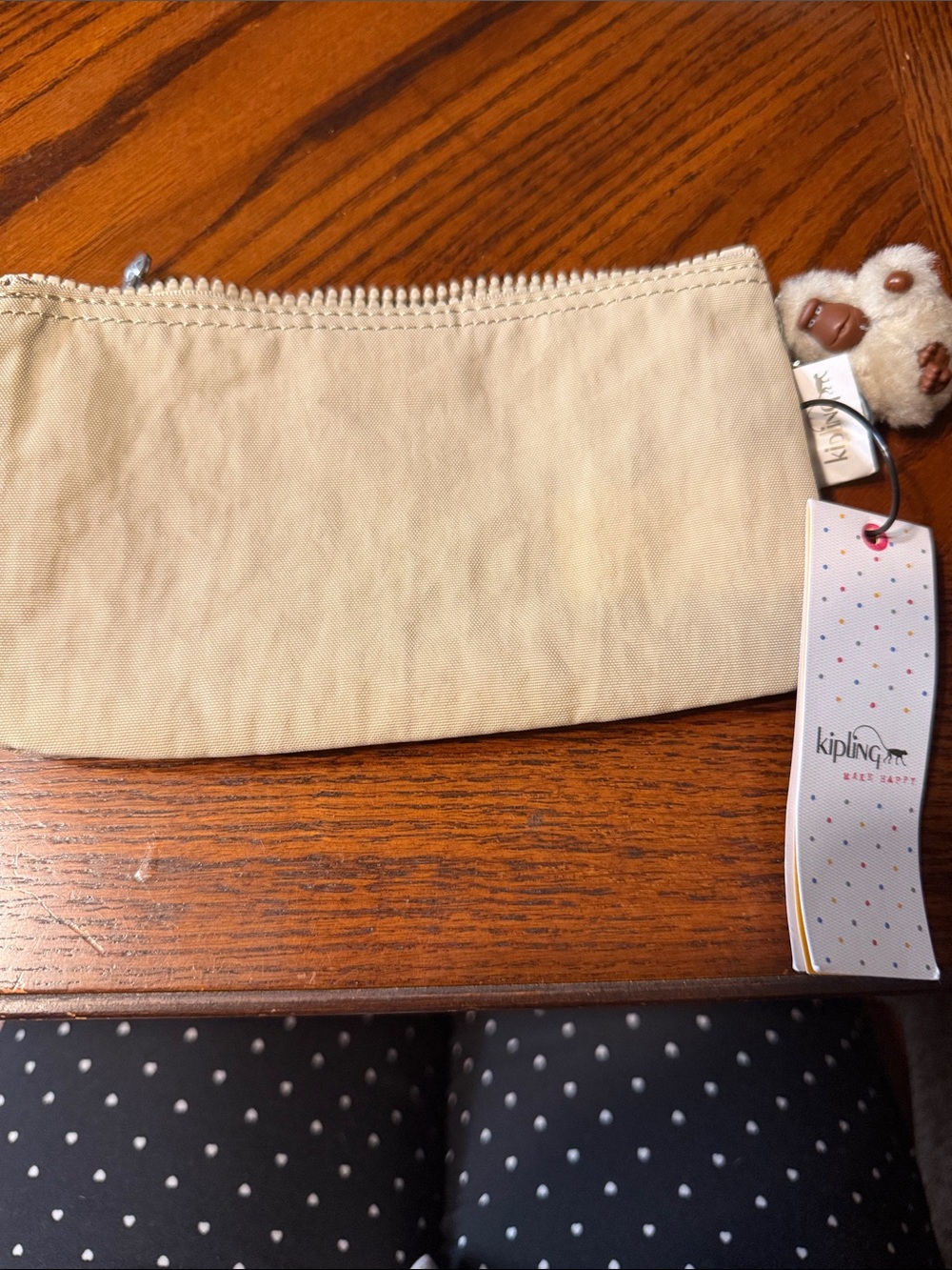 Kipling Light Beige Nylon Zip Pouch with Keychain - Picture 4 of 5